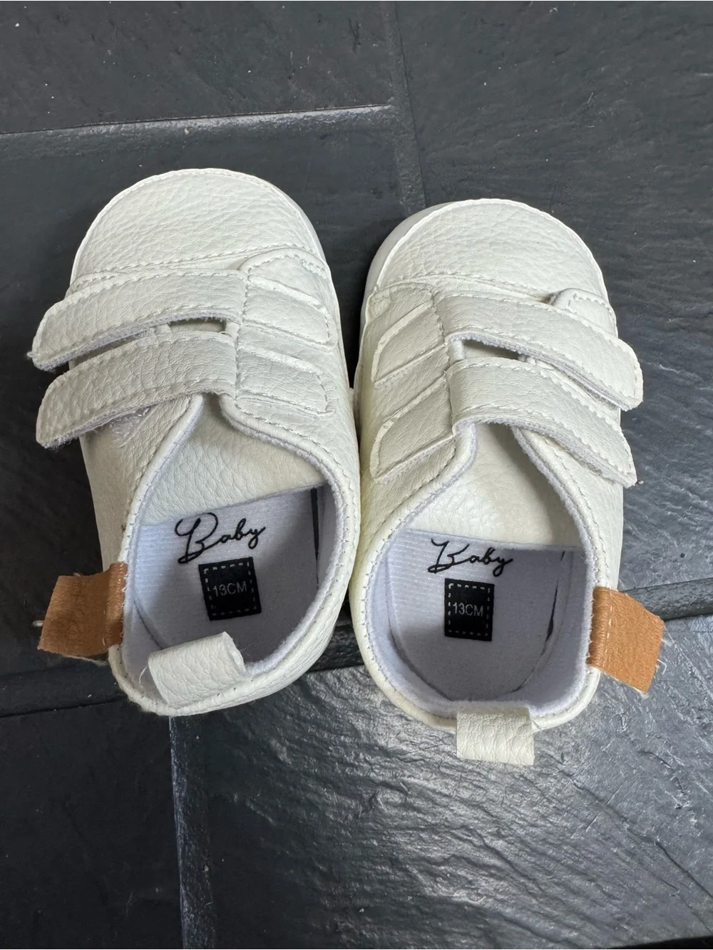 Amazon Cream Velcro Baby Sneakers with Tan Pull Tabs